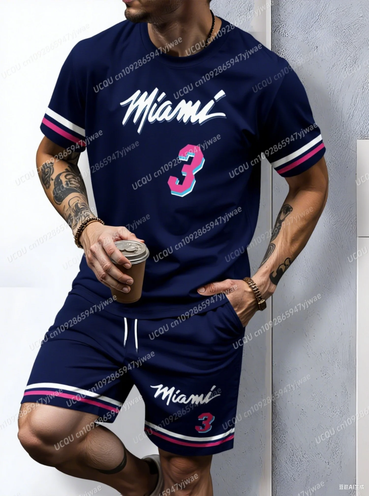 

Summer 9 Colors MIAMI No.3 Print Men's Casual Short Sleeve T-Shirt Shorts Set Adult Basketball Jogging 2 Piece Set men Clothing