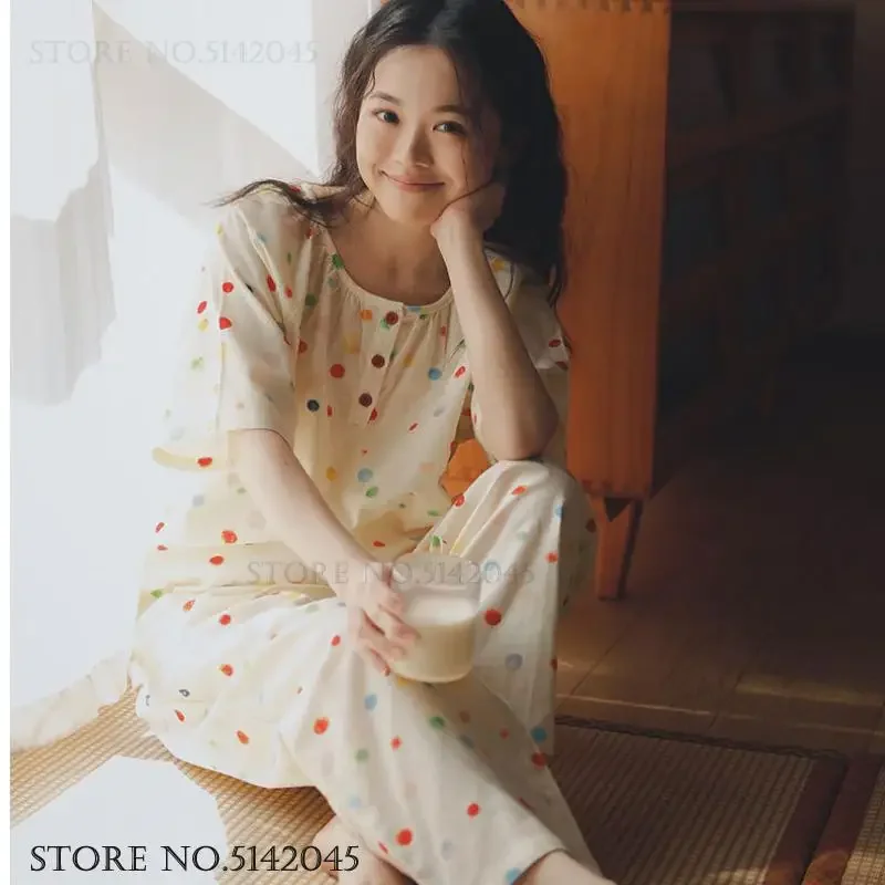 

Summer 100% Cotton Pajamas Set Homewear Sweet Dot Female Sleepwear Short Sleeve Trouser Pijamas Suit Loose Casual Lounge Wear