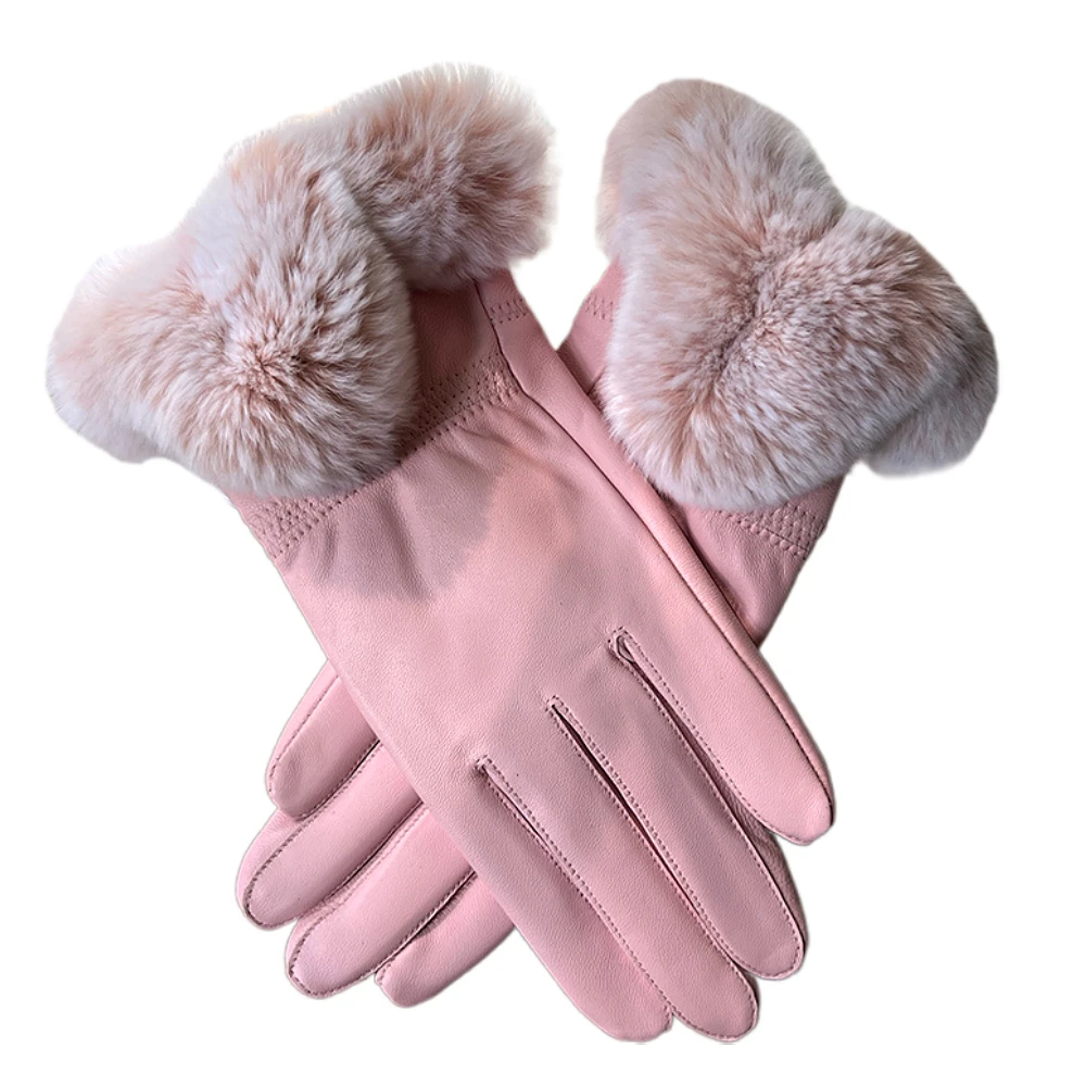 ZDFURS*Genuine Leather Gloves Women's Winter Fleece-Lined Thickened  Warm Soft Rex Rabbit Fur Sheepskin Gloves Hand Windproof