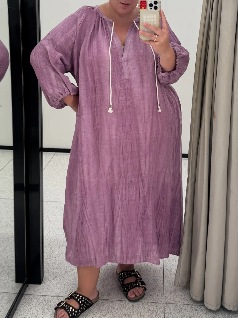 

Women's Casual Loose Dress Thin Cotton Linen round Neck Lantern Sleeve Mid-Length Straight Soft Ramie Summer Dress