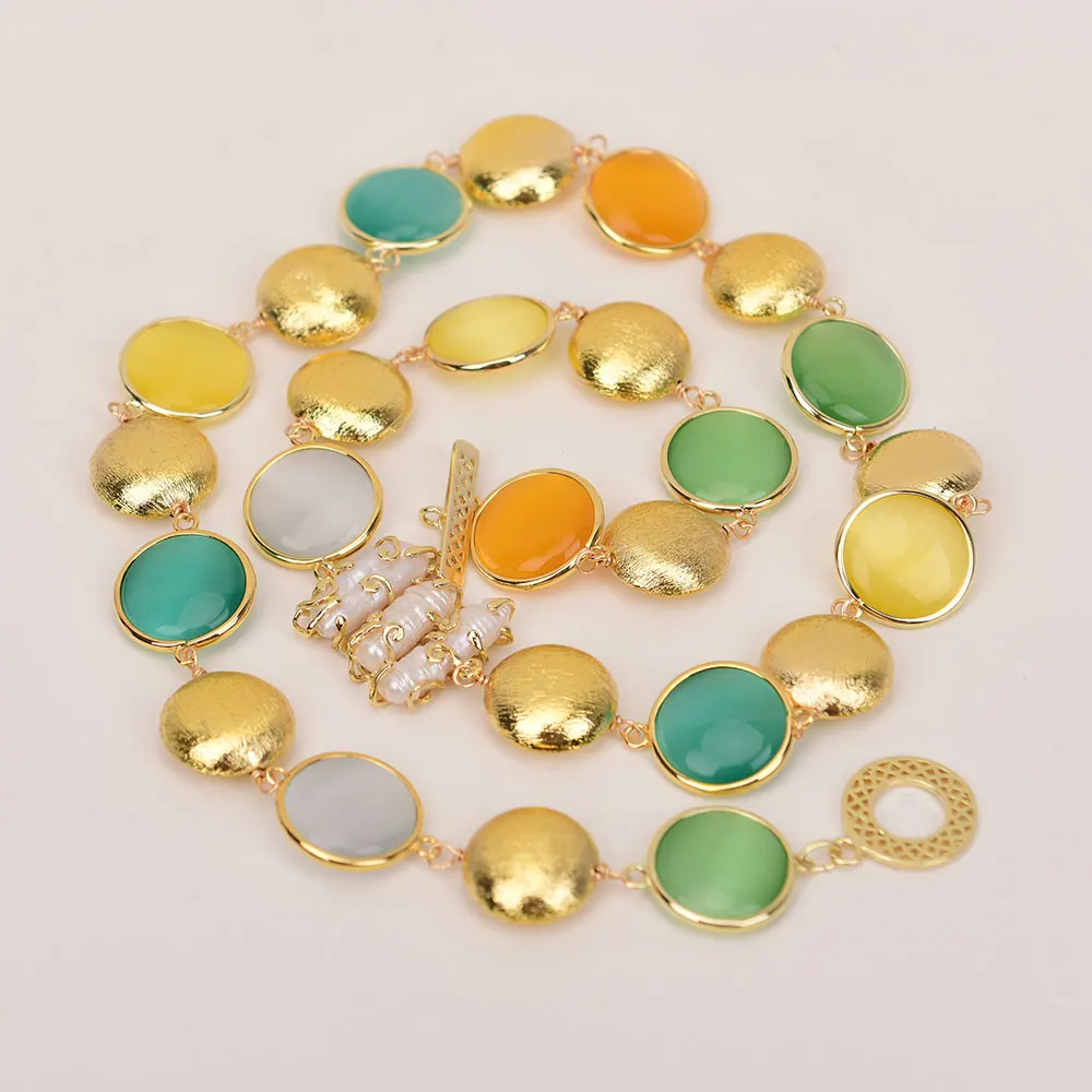 

GG натуральный смешанный цвет кошачий глаз белый жемчуг Бива соединитель позолоченные матовые бусины длинное ожерелье