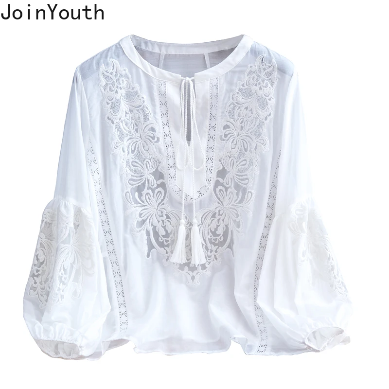 Blusas Mujer De Moda 2023 Summer Elegant Blouses Women\'s Clothing Embroidery Lantern Sleeve Shirts Loose Lace White Tops Femme