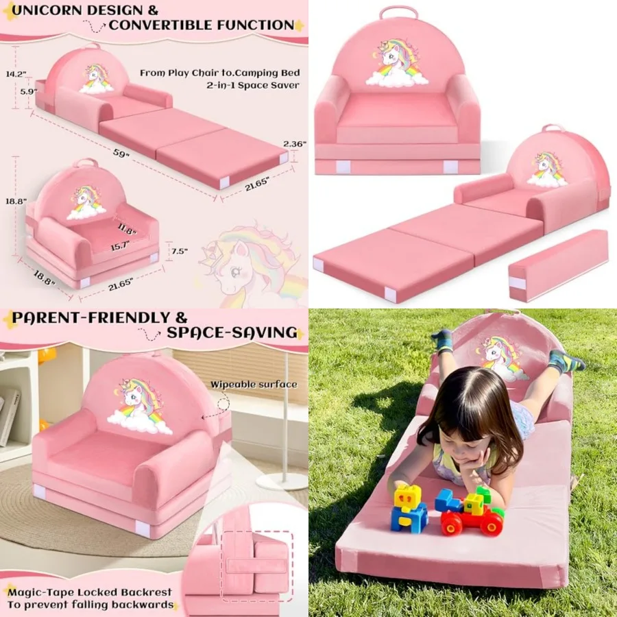 

Unicorn Sofa Bed with Removable Washable Cover and Hook and Loop Backrest Foldable Toddler Chair, Cozy Crystal Velvet Furniture