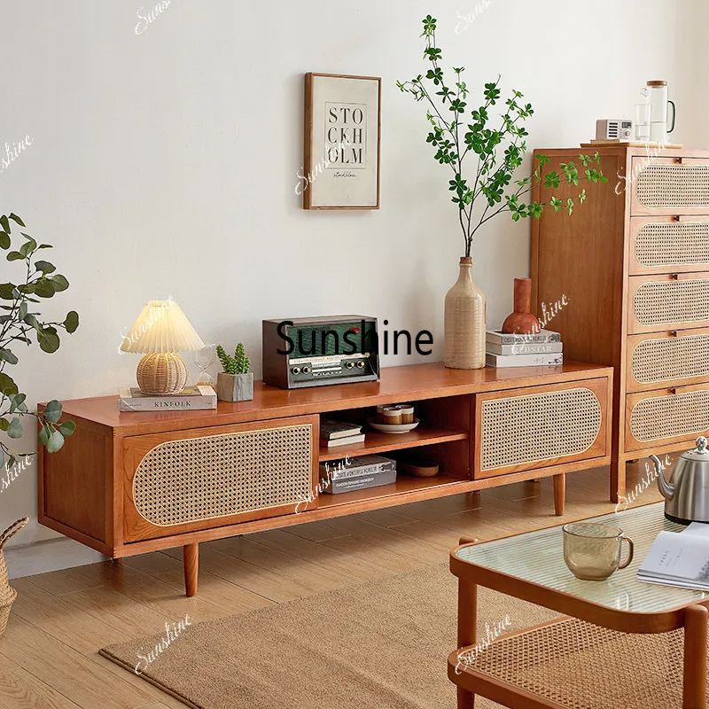 Rattan solid wood TV cabinet small apartment living room storage cabinet