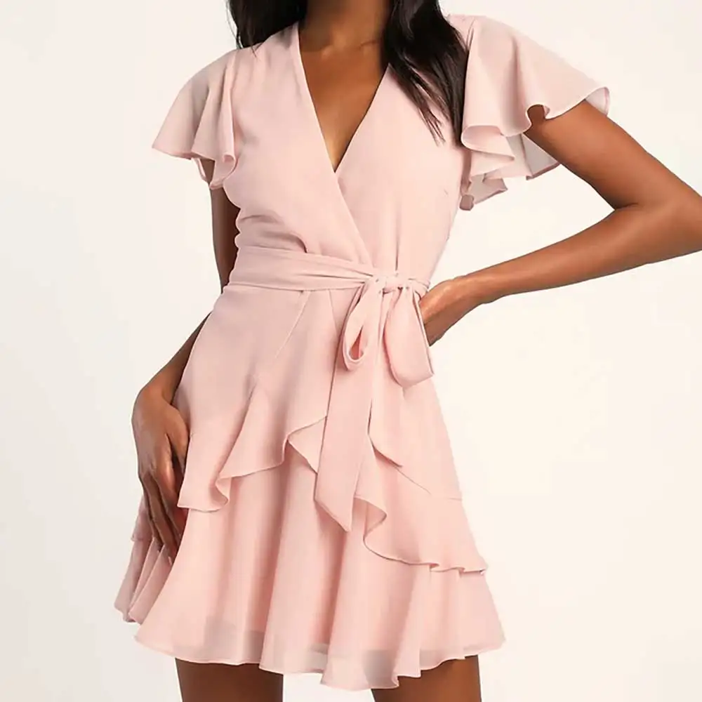 

Elegant V Neck Short Sleeve Belted Ruffled Evening Dress for Women Prom Party Bridesmaid Wedding Guest Cocktail Formal Gowns