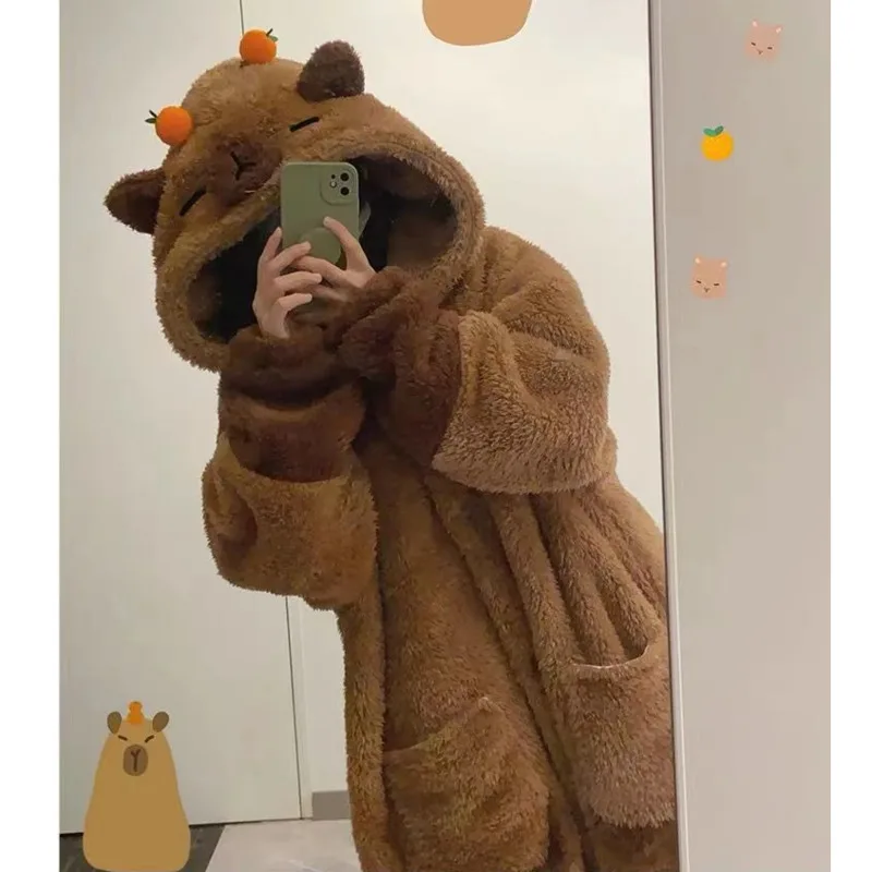 Capybara Pajamas Cosplay Cute Brown Jumpsuit Fluffy Coral Velvet Adult Children Pajamas Thick Plush Pajamas Spring Home Clothing