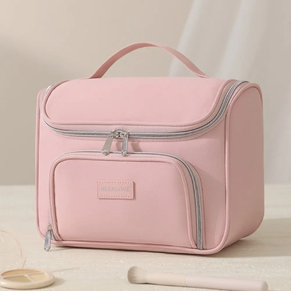 Multi Compartment Cosmetic Bag Carry Handle Front Pocket Travel Makeup Case Portable Double Zipper Toiletry Bag