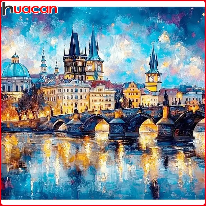 

HUACAN City Bridge Night Scenery Diamond Painting Poster Wall Mosaic Art Canvas Room Living Room Home Decor