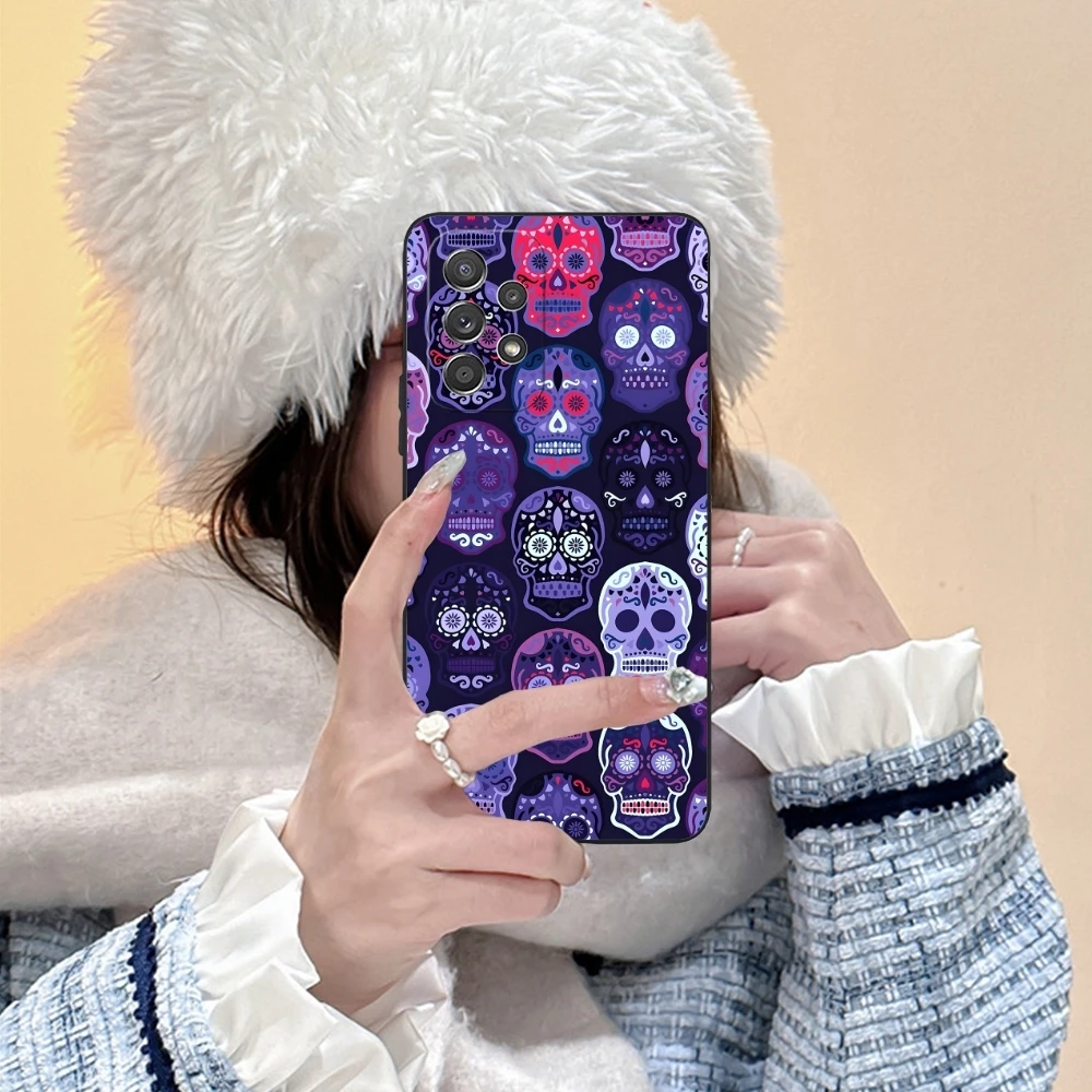 Skull Flowers Painting Mobile Cell Phone Case for Samsung Galaxy A91 73 71 70 54 53 52 34 24 23 21 S 5G Black Phone Cover Shell