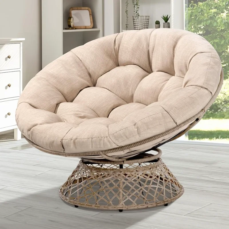 Bme Oversized Rieten Papasan Stoel Met Zachte Dikke Dichtheid Stof, Hoge Capaciteit Staal, 360 Graden Draaibaar Voor Wonen, Slaapkamer