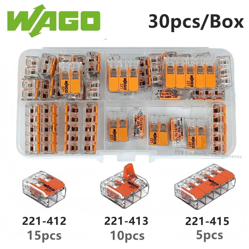10pcs/30pcs WAGO Quick Verdrahtung Klemme 221-412 221-413 221-415 0.14-4mm²/AWG24-12 2/3/5 Löcher Hebel Drahtverbinder