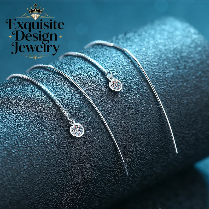 Exquisite Platinum PT950 Dazzling 10-point Round Moissanite Stud Earrings, Women's Simple Style Tassel Diamond Ear Thread