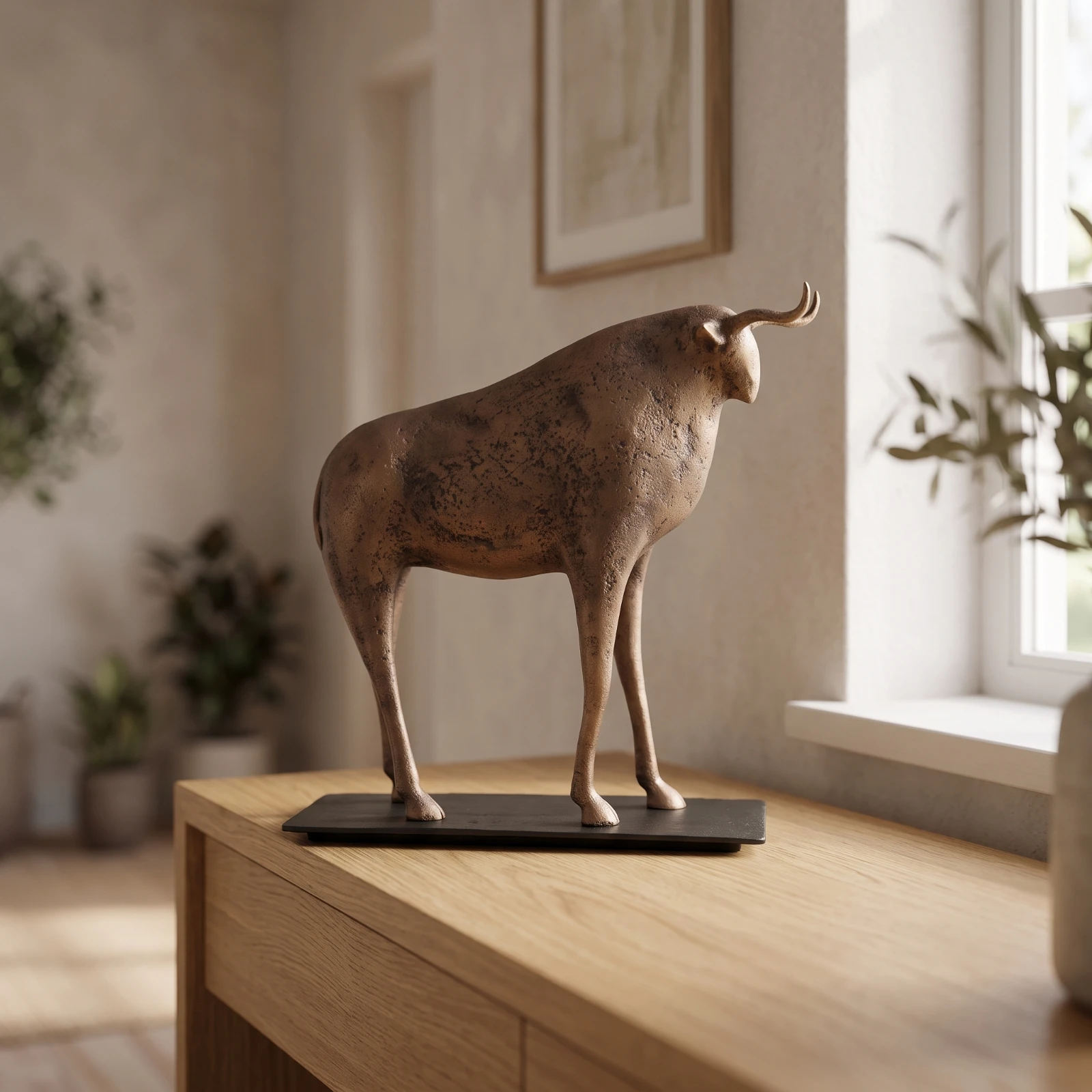 Bull Sculpture Bronze-Look Bull Statue Sculpture with Base Abstract Figurine Antique-Inspired for Home Decorators, Living Room