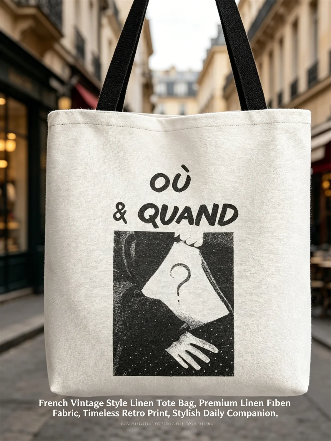 2026 Women's Shoulder Bag, Vintage French Où & Quand Question Typography Art Print Handbag, Stylish Daily Tote Bag for Casual Ca view 5