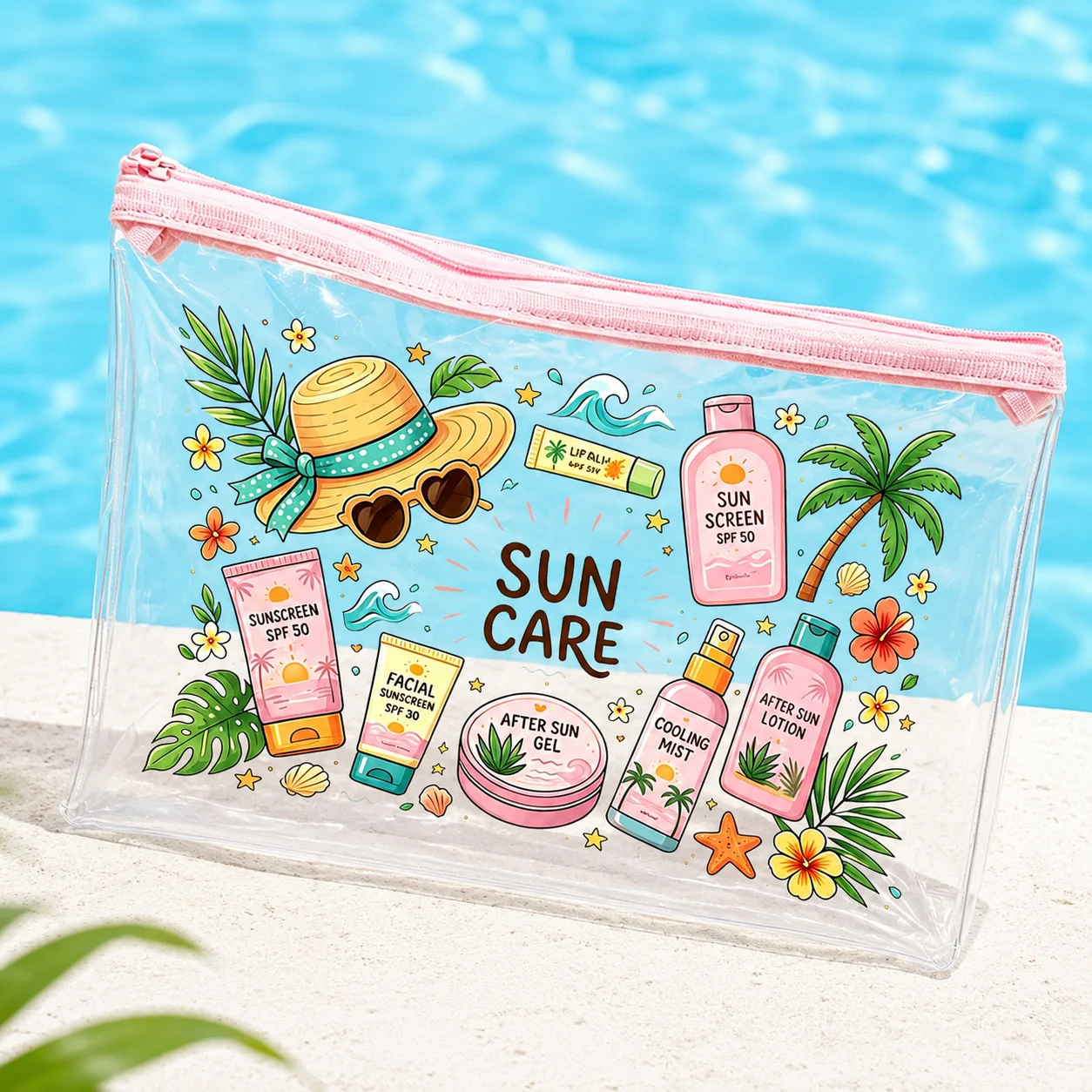 Summer Sun Care Clear PVC Makeup Bag, Waterproof Pink Zipper Organizer for Women, Beach, Pool, Travel & Sunscreen Toiletries