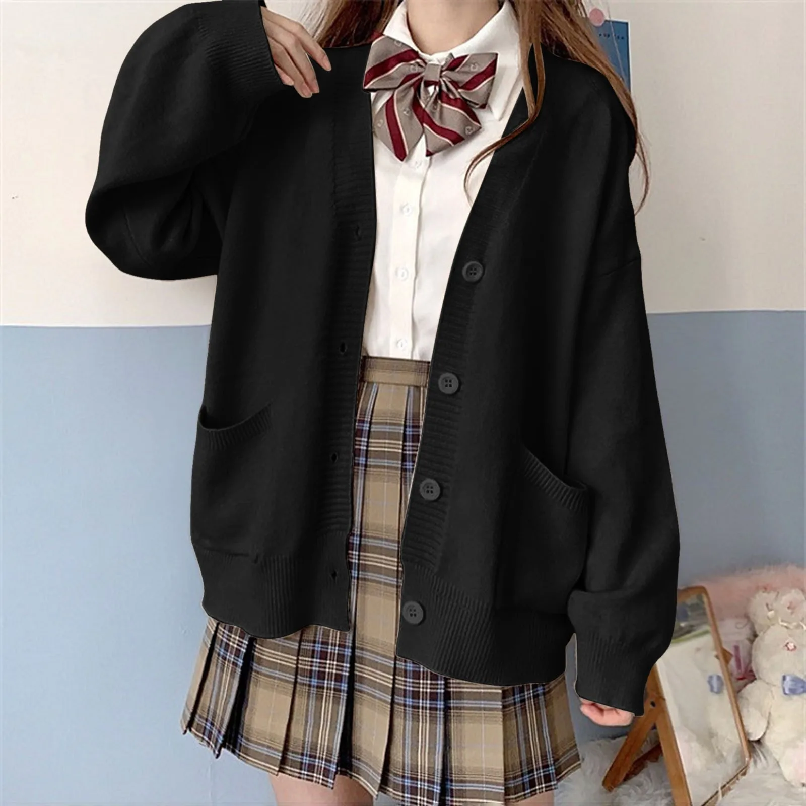 Japanese Cute Cosplay Knitted Cardigan Sweater Women Long Sleeve Button Down Old School Jacket Fashion Loose Solid Sweaters