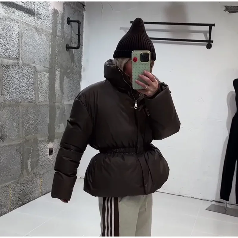 Casual Solid Women's Cotton Coats Back Zippers Stand Collar Thicken Waist Jackets 2026 Autumn Winter Fashion Lady Outwear