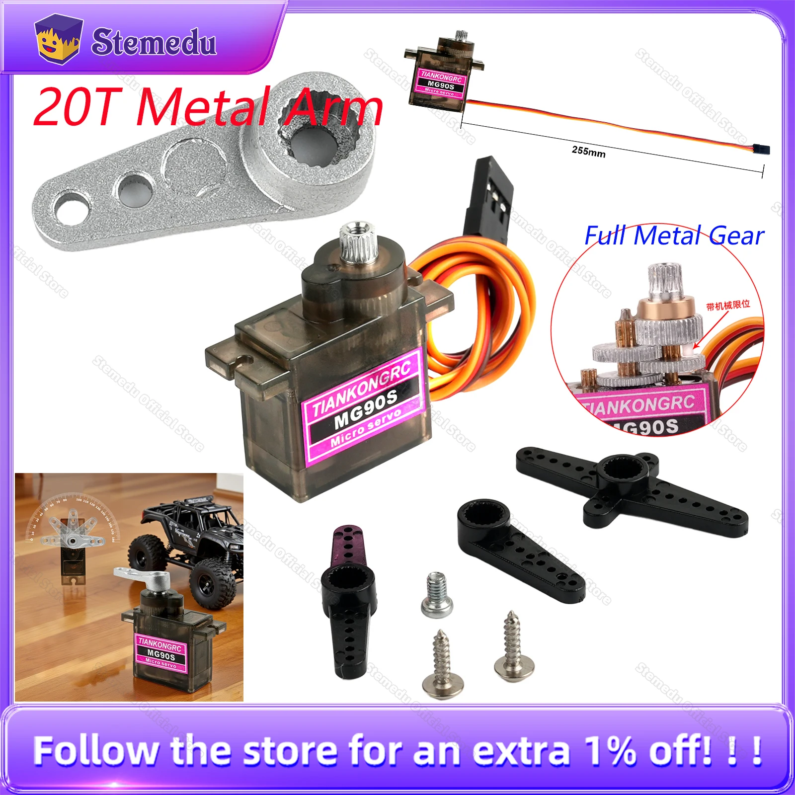 Mini MG90S 180 ° /270 ° /360 °   Servo RC All Metal Gear 9g Versione aggiornata Braccio 20T per elicottero aereo auto MG90 9G Trex 450 RC Robot