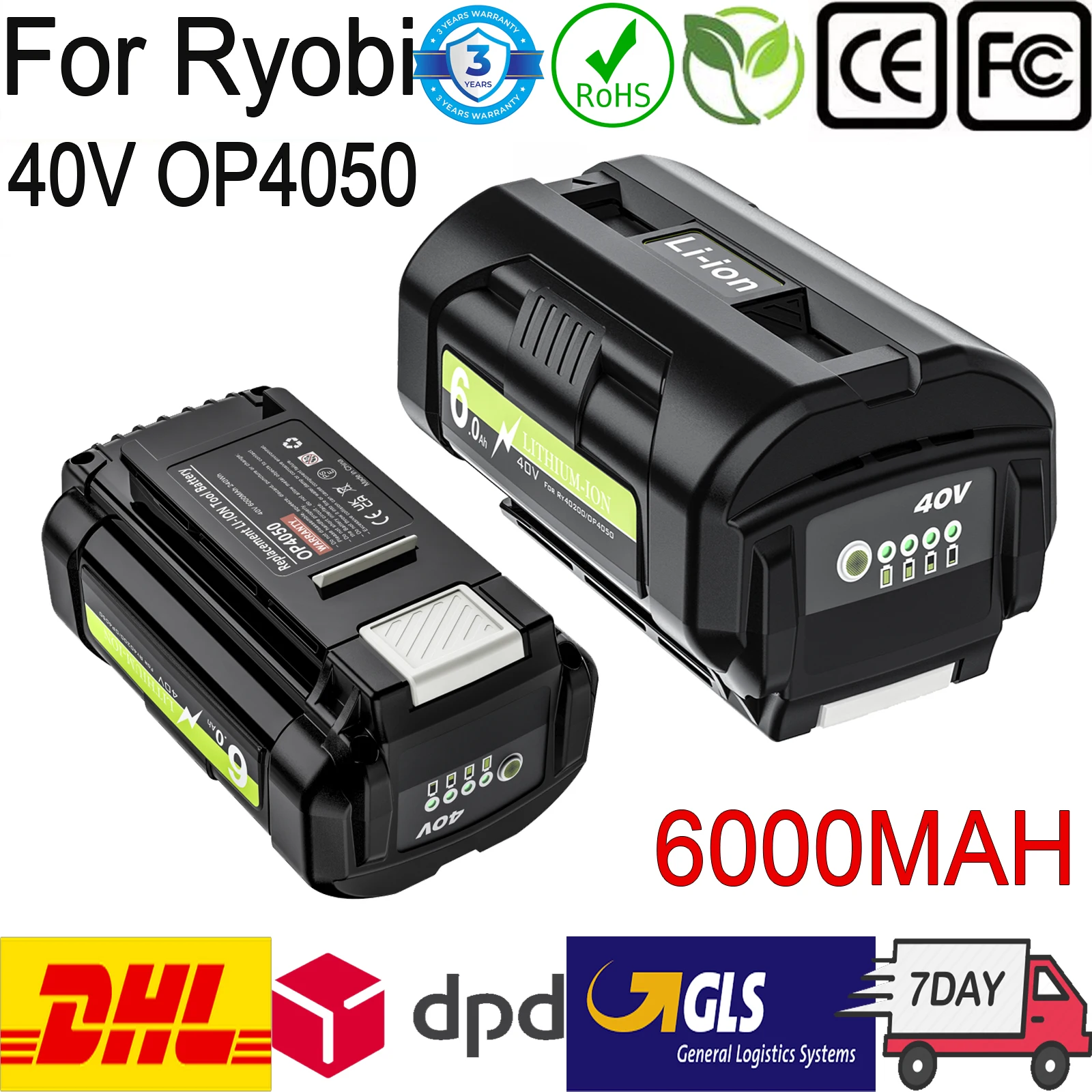 Batterie Lithium-ion de Remplacement pour Ryobi, 40V OP4050, 6000mAh, pour Outil de Tondeuse à Gazon Série OP4060
