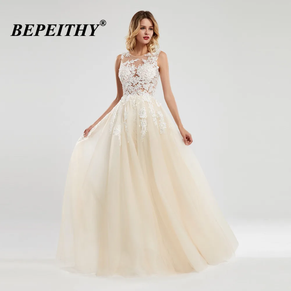 BEPEITHY Customized Luxury A-line O Neck Wedding Dress Bride Lace Sheer Top Sleeveless Champagne Soft Tulle Beach Bridal Gowns