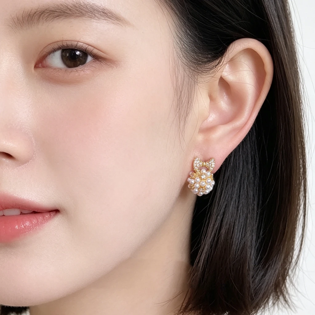 14K Gold Plated Copper Bow Pearl Stud Earrings Paved Zircon Cluster Imitation Pearl Ball Earrings Women Elegant Wedding Jewelry