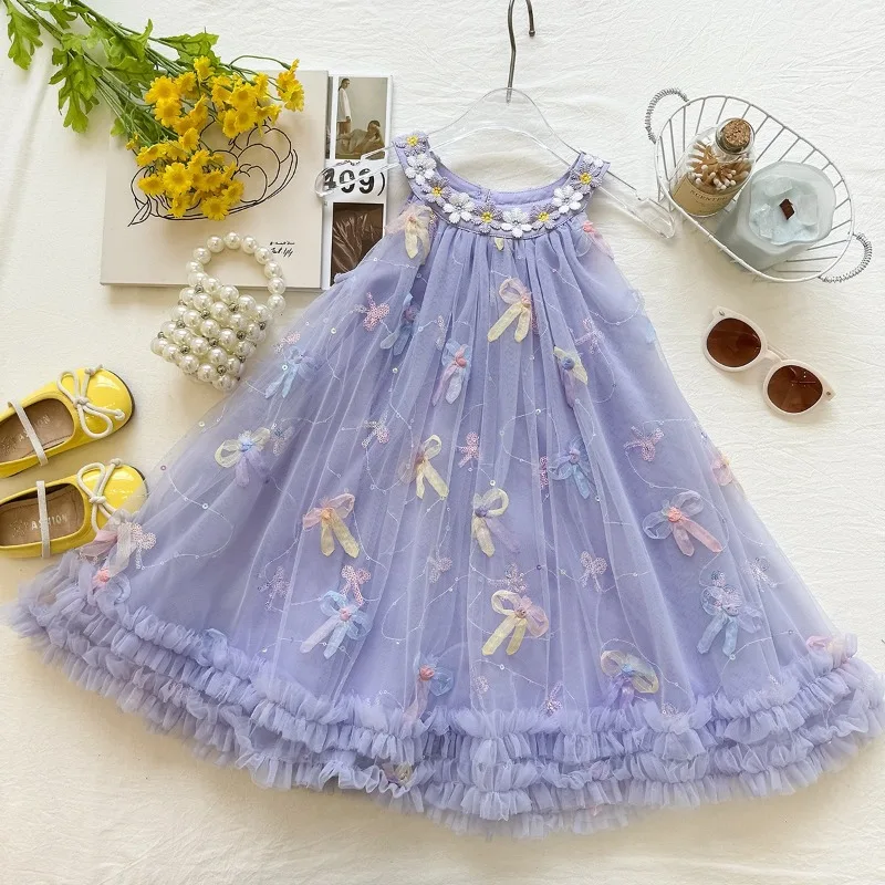 

2026 Summer Girls Puffy Princess Dress Girls Bow Mesh Vest Dress Children's Vacation Style Beach Dress 2-10T