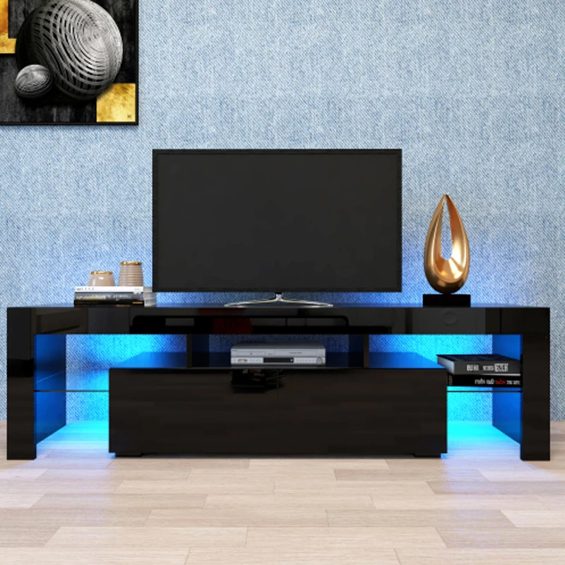 Modern Black TV Stand, 20 Colors LED TV Stand w/Remote Control Lights