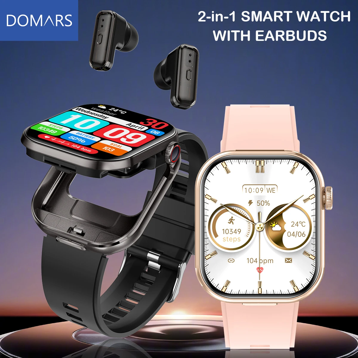 

Умные часы Domars 2 в 1, наушники, мониторинг здоровья, сна, тестирование сердечного ритма, IP65, водонепроницаемость, многоязычная поддержка