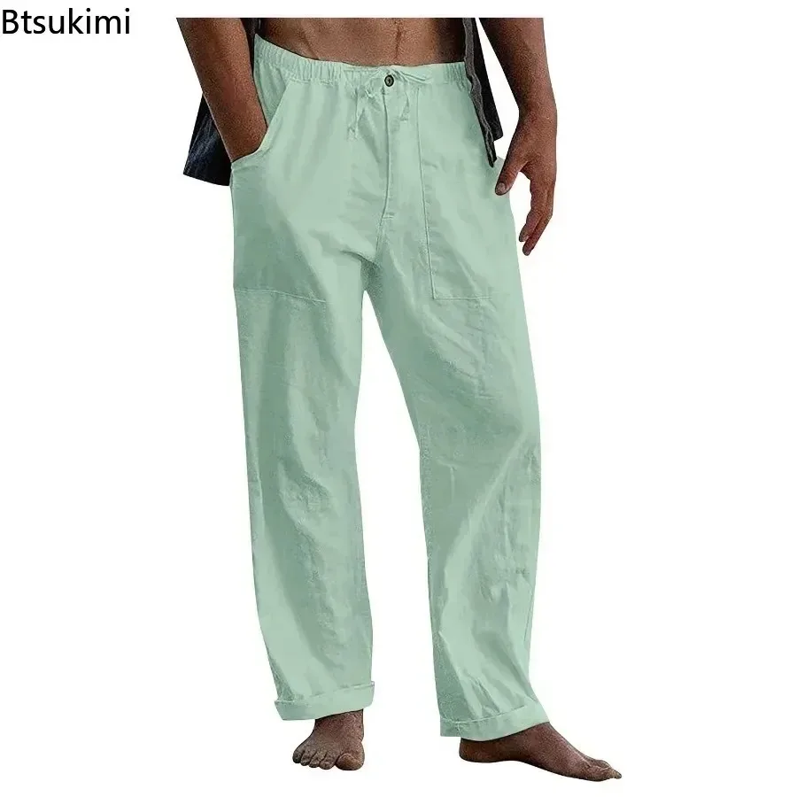 New 2025 Men's Casual Cotton Linen Trousers Wide Leg Pants Breathable Pants Fitness Clothing Men's Workwear Male Jogging Bottoms
