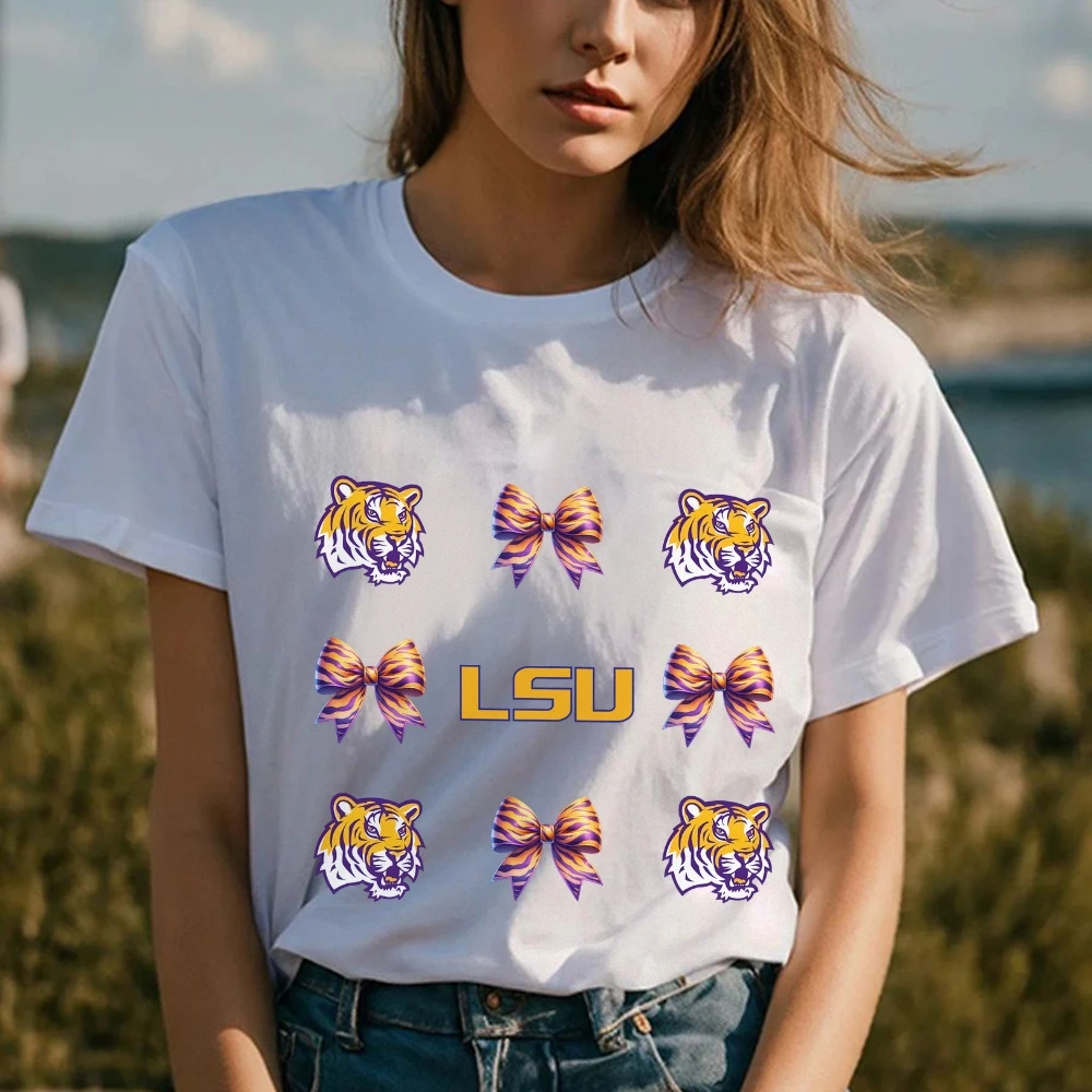 

LSC Purple And Gold Geaux Tigers Football Girly Tee Coquette Bows Louisiana Game Day Trendy Women Tee Football Mama Shirt