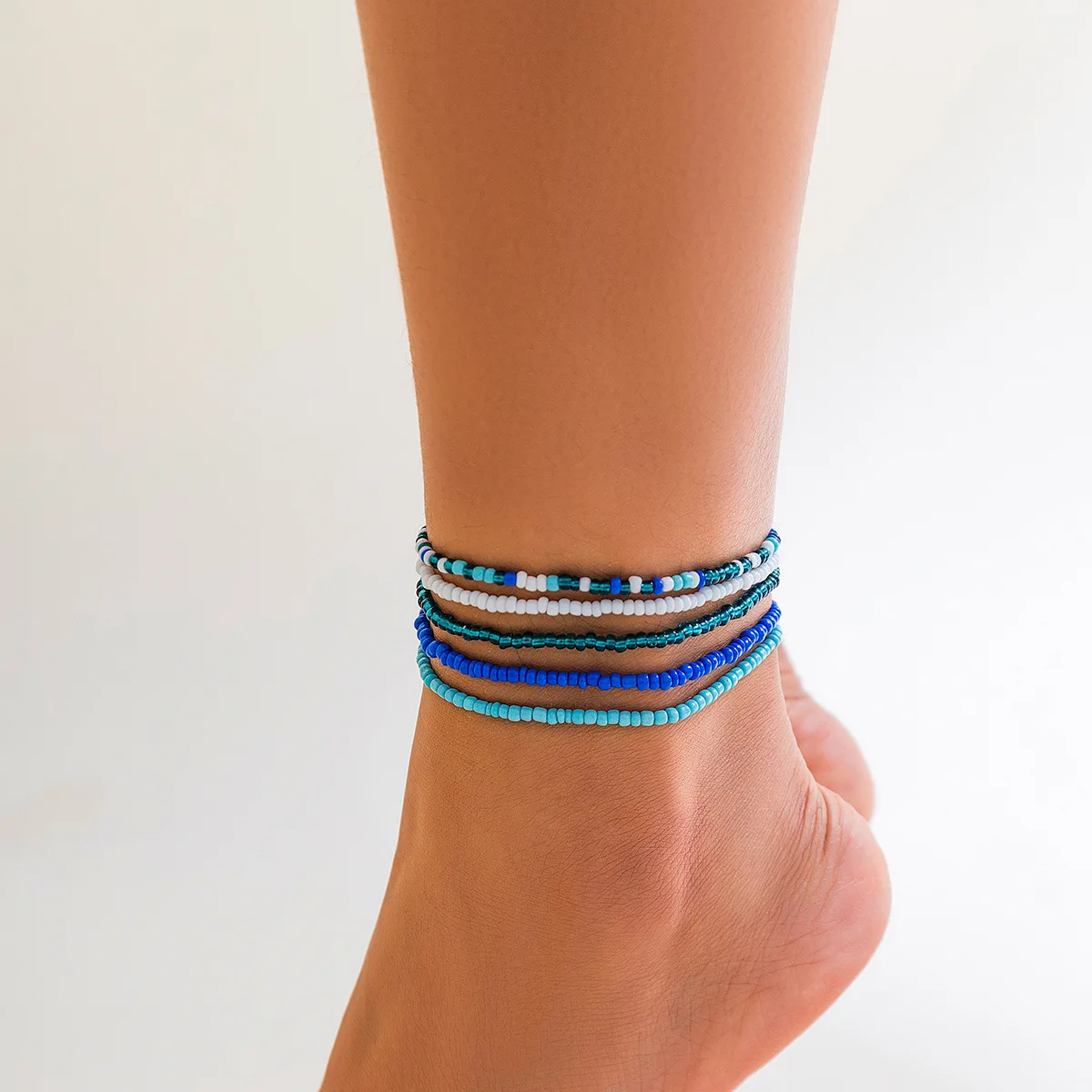 Meetvii 5pcs/set Maillard Color Glass Rice Beads Anklets for Women Girl Summer Beach Multi-layered Colorful Anklet Foot Jewelry