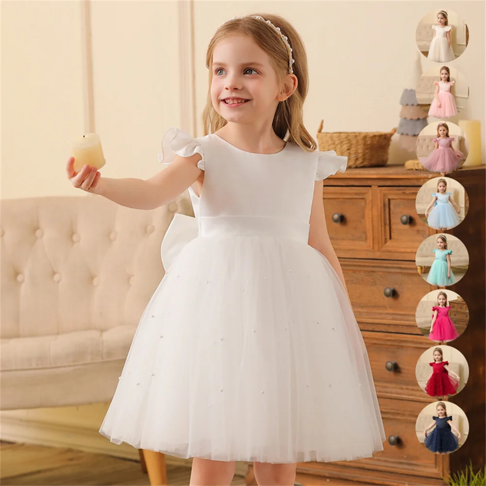 Toddler Girl Flower Birthday Tulle Dress Backless Bow Wedding Gown Kids Party Wear Princess Blue Dress Baby Girl Bowknot Dresses