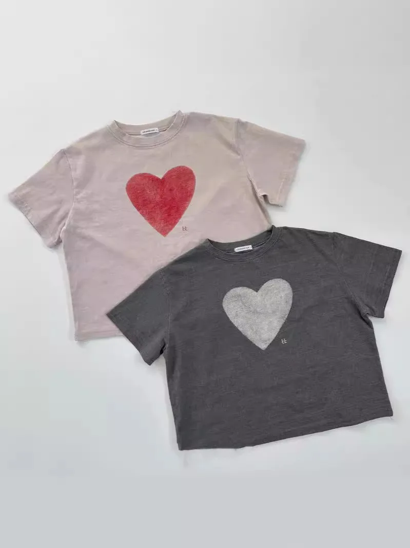 NOVEDAD DE VERANO 20225, camisetas con estampado de corazón bonito para bebés, camisetas de manga corta para niños y niñas, camisetas infantiles con