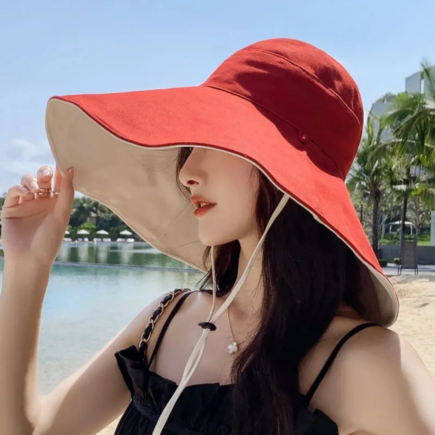 Wide Brim UPF 50+Sun Hat For Women Double Sided Anti UV Foldable Summer Beach Hat With Adjustable Wind Rope Hiking Fisherman Cap