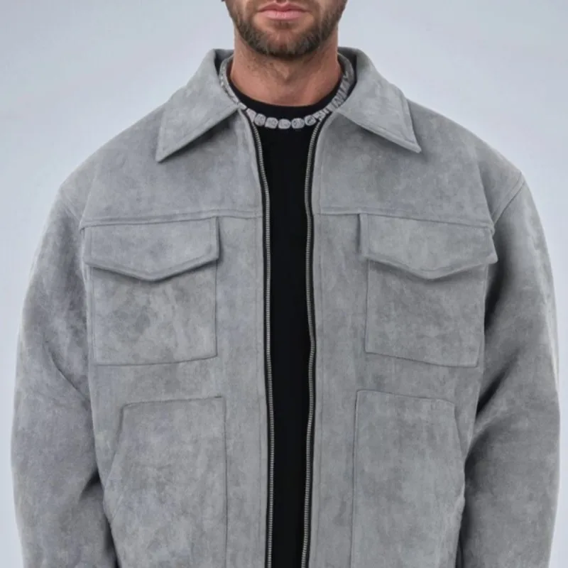 

Men's Trendy Suede Jacket Zip Closure with Large Pockets Casual Lapel Style Lightweight Outerwear Autumn Daily Basic Jackets