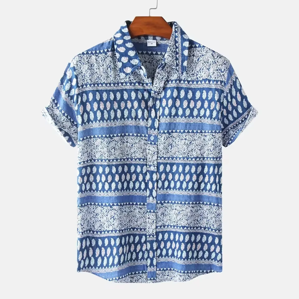 Summer Men's Casual Short Sleeve Shirts Fashion Striped Print Lapel Blouse Men Breathable Hawaiian Shirt Contrast Color T-shirts