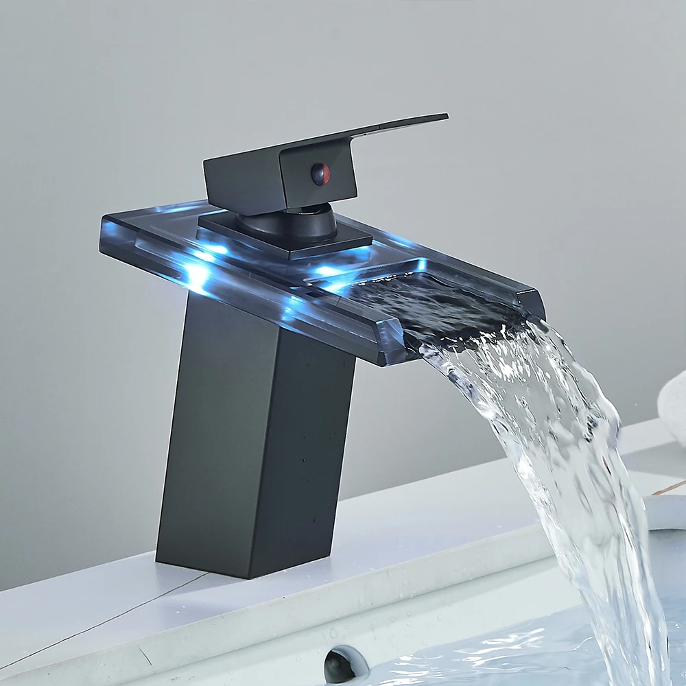 Luxury LED Basin Faucet Color Change Bathroom Sink Faucet Single Handle Deck Mount Waterfall WashBasin Faucet Hot Cold Mixer Tap