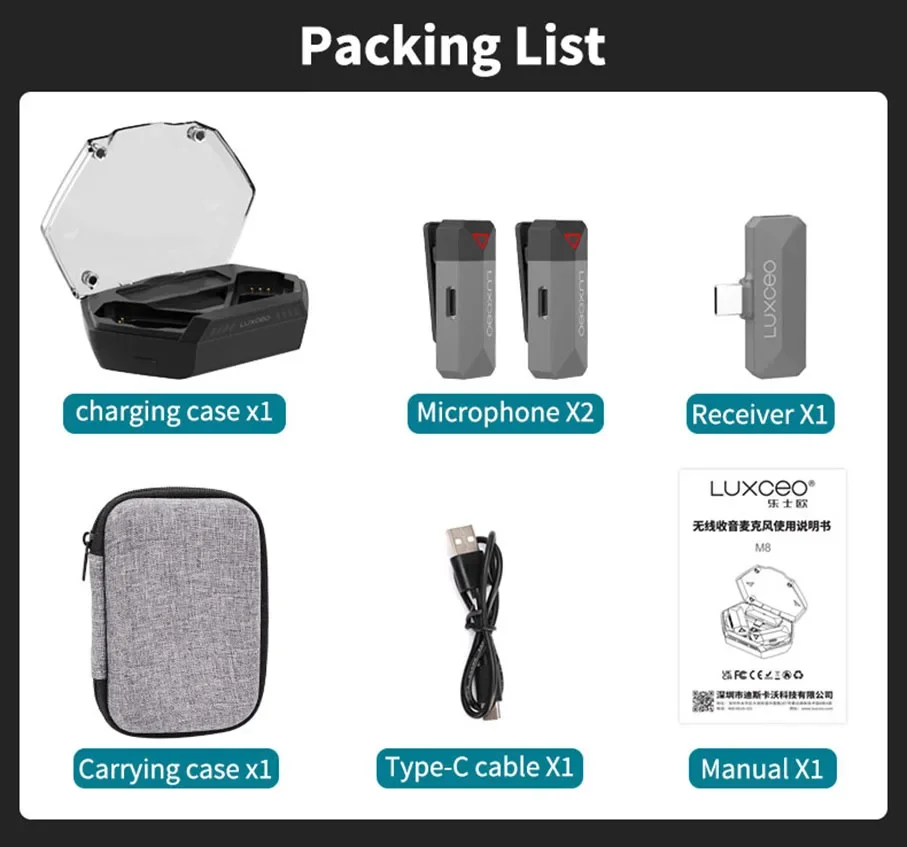 LUXCEO-M8 Microfone Lavalier sem fio com estojo de carregamento, microfone lapela, áudio, gravação de vídeo, entrevista, iOS, Android