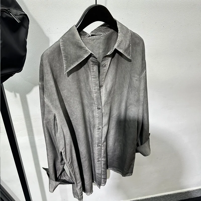 PFNW Spring Washed Worn Loose Drape Men's Shirt Oversized Trendy Fashion Vintage Casal Gray Top 2025 New High Quality 12C1753