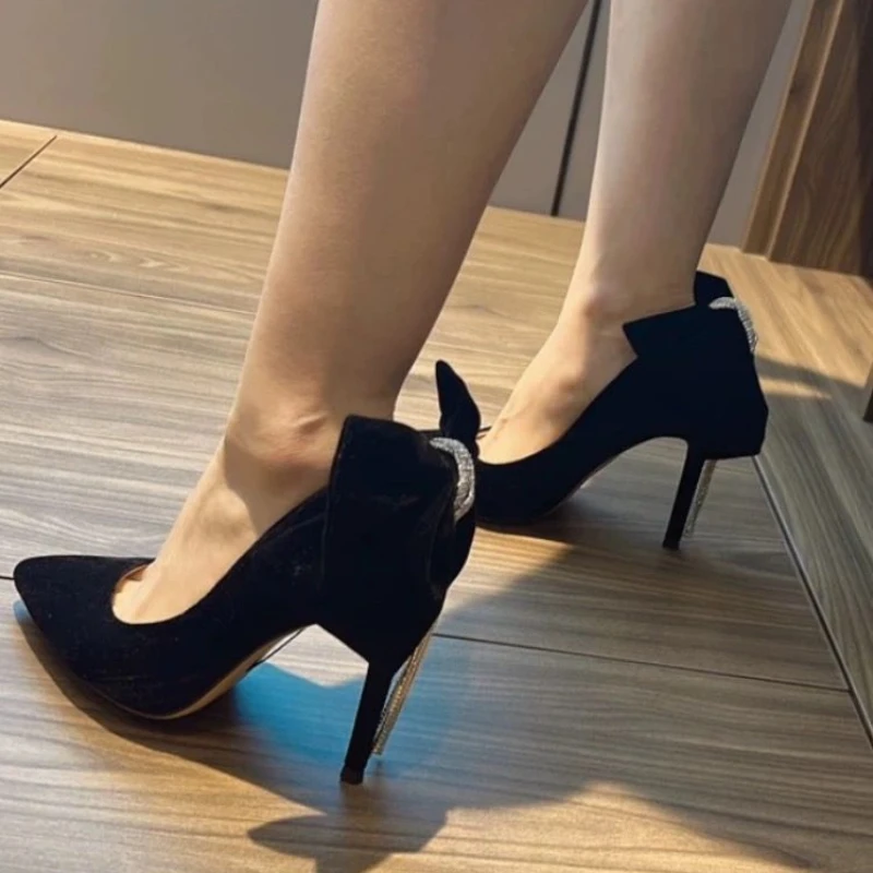 Black With Bow Stilito Woman Pumps Rhinestone Pointed Toe High Heel Shoes for Women Elegant Y2k Quick Delivery Footwear On Sale
