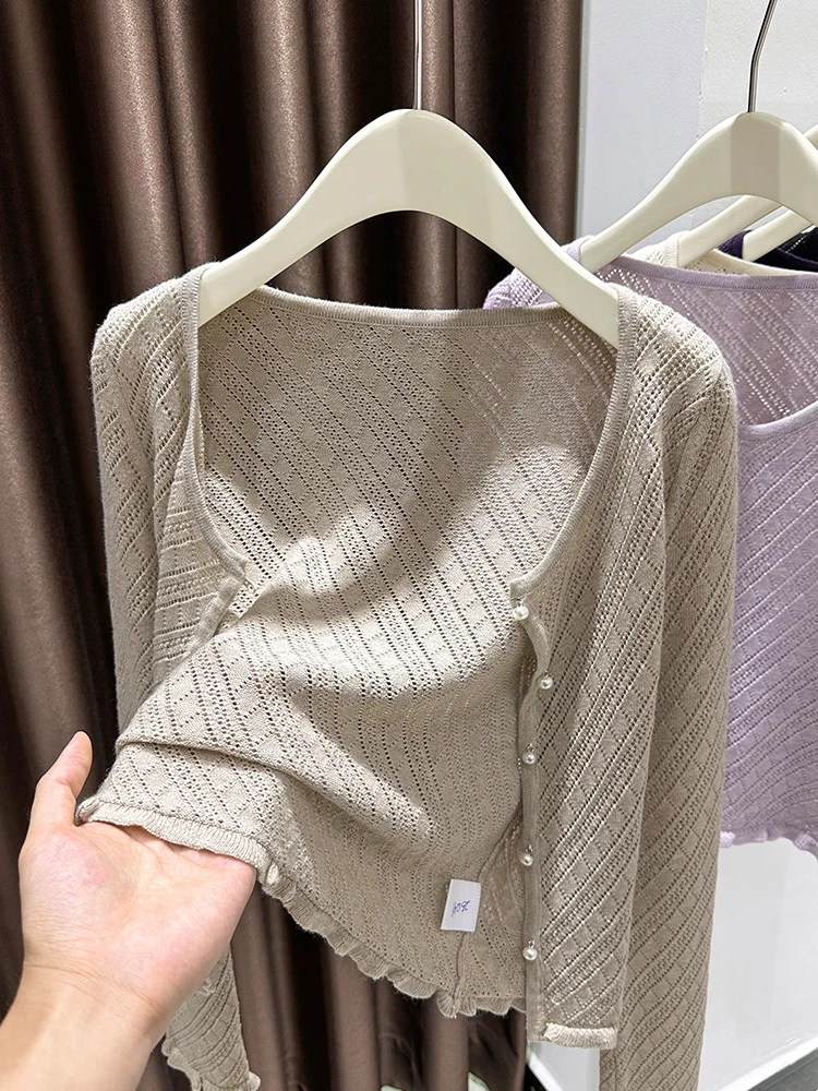 

Мягкий вязаный кардиган из шерстяной смеси для женщин, весна-осень, с длинными рукавами, ажурный дизайн, модная верхняя одежда, комбинезон