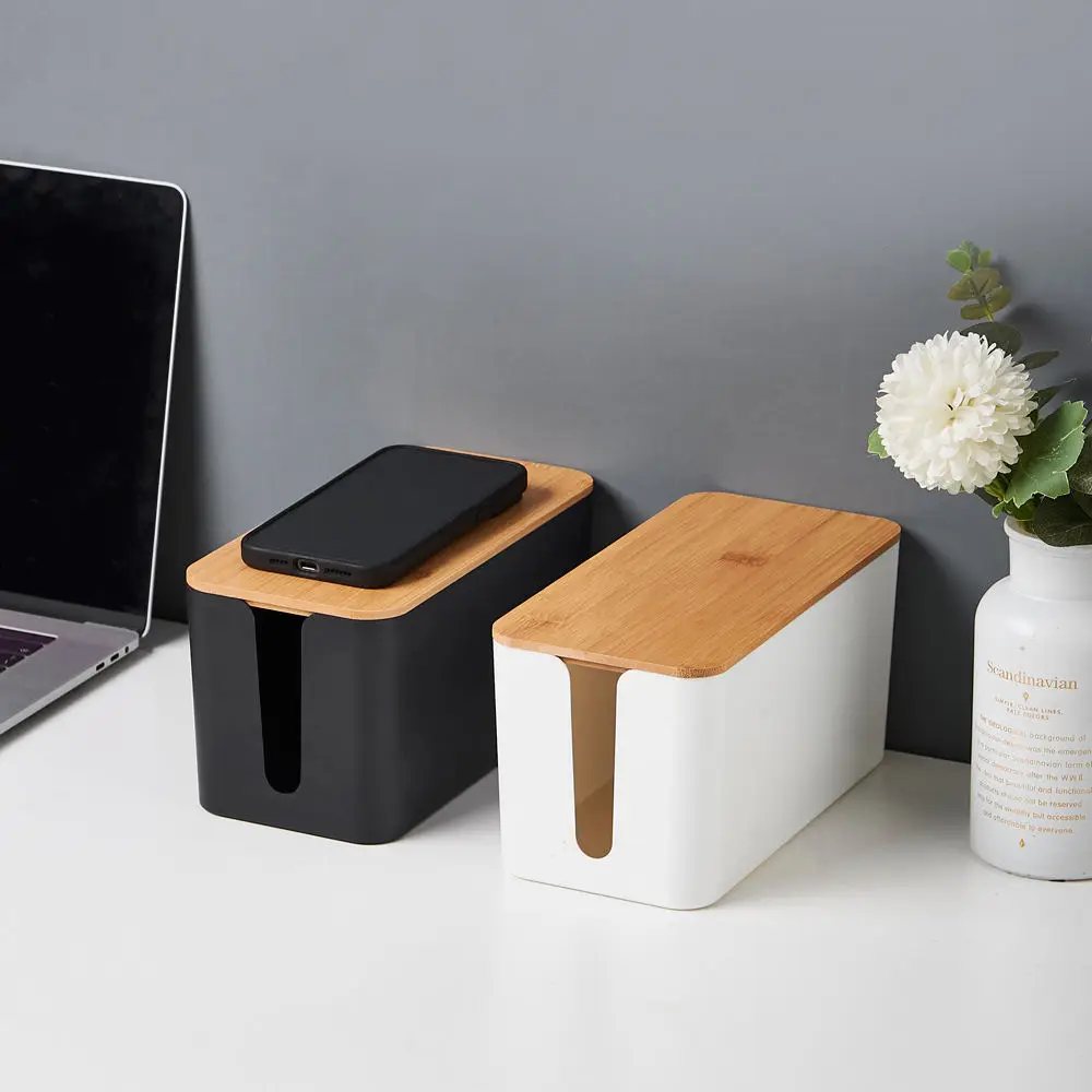 Cable Organizer Case Wooden Lid Desktop Wire Storage Box For Power Strip Charger Cord Management Desk Home Office Tool