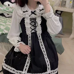 2024 Spring and Autumn Women's Spliced Doll Neck Button Lolita Ruffles Folds Fashion Solid Color Casual Long Sleeved Tops
