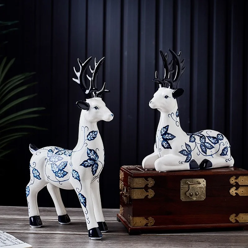 

Blue and White Porcelain Deer Sculpture Art Ceramic Animal Crafts Room Bookcase Office Blue and White Porcelain Deer Decoration