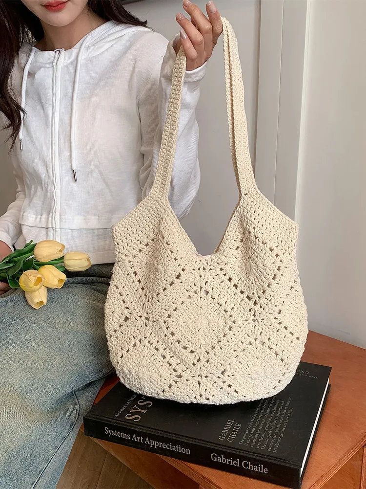 

Ele Beach Vaion Knitted Hollow out oulder Handbag Women's Faion 2025 Buet ape Soft Polyester Lined Bag