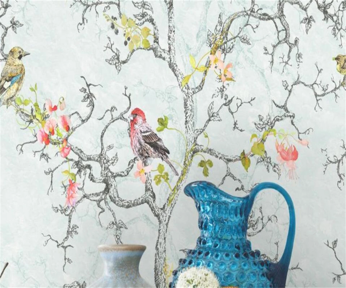 Hand painted flower and bird tile pattern Embossed material self-adhesive material wallpaper background wall home decoration