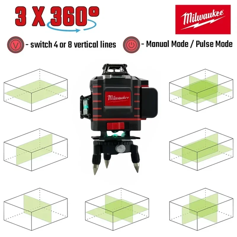 Milwaukee 4 côtés * 360 degrés Vertical 4.2 V 3-4D niveau Laser 16 lignes auto-nivelant ligne transversale verticale Lase niveaux Laser vert