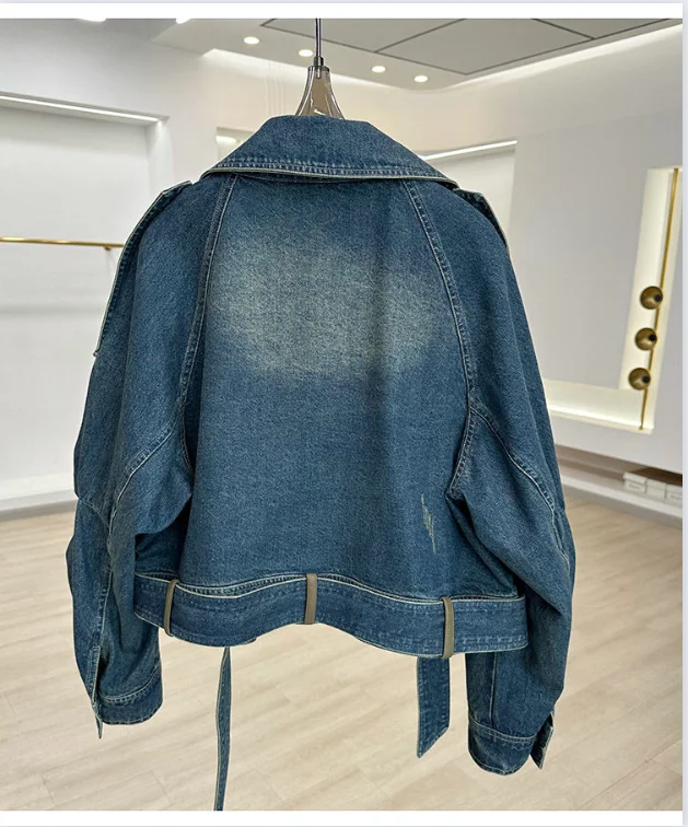 Denim Patchwork Jacket Casual Work Attire Women's 2026 Spring Autumn Thin Mid Length Trench Coat Design Sense Niche