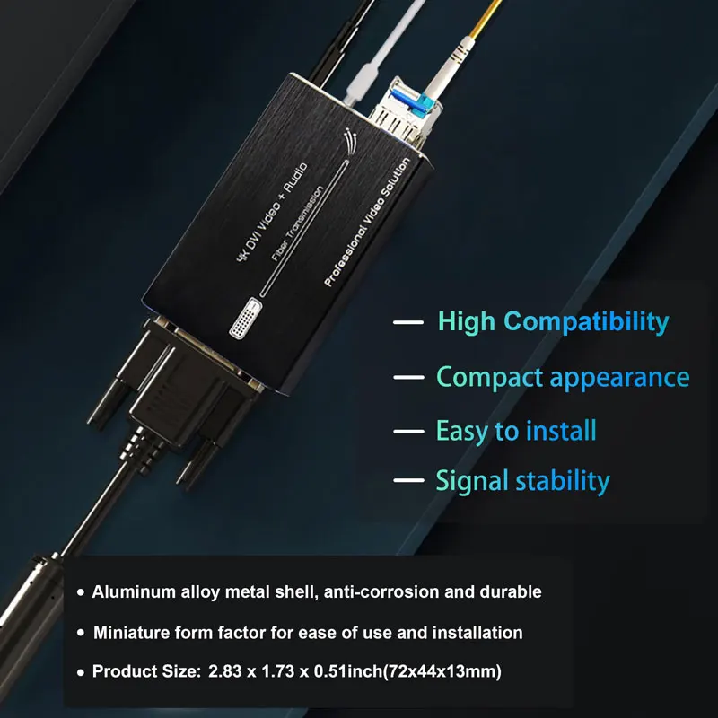 DVI to Fiber Converter Optical Transceiver Mini DVI Fiber Extender 4K HD Video Extender Up to 20km with External Stereo Audio