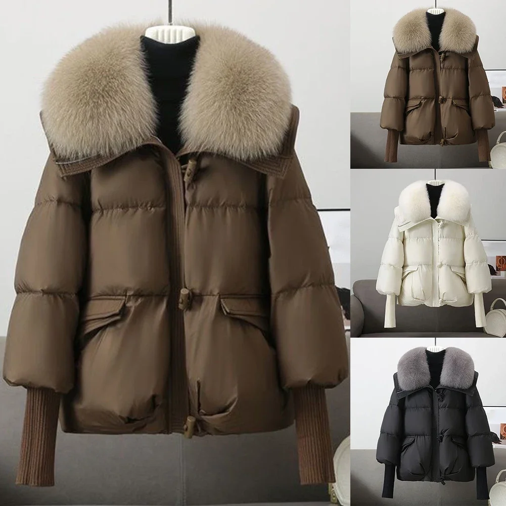 

New Women Cotton Jacket Big Hair Collar Warm Jacket Down Cotton Lapel Winter Bread Suit Parka Coat Short Loose Cotton Clothing
